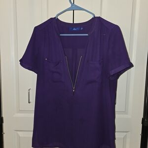 Purple Zip-Front Blouse – Chic V-Neck with Silver Accents (Size S)